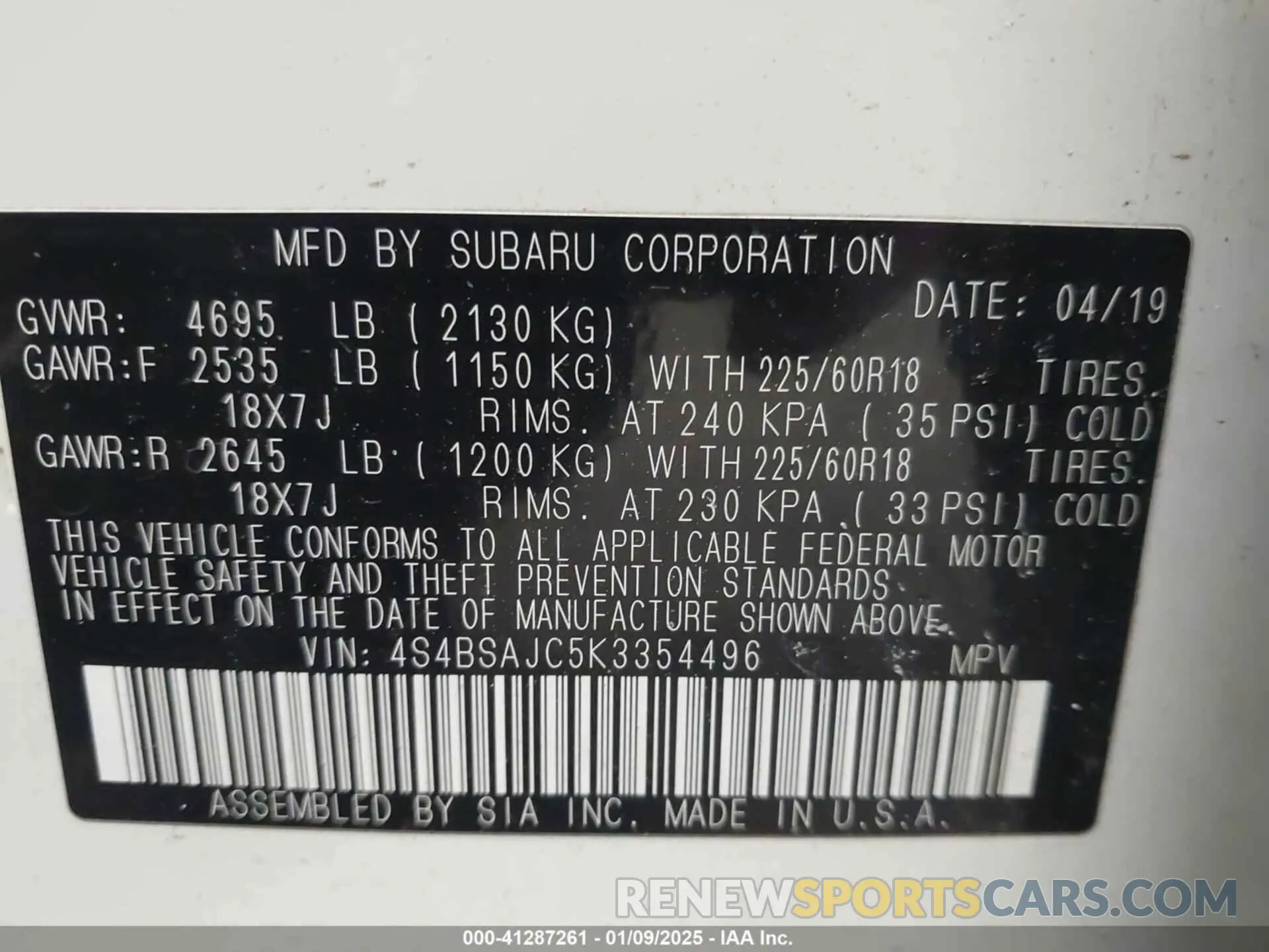 9 fotografías del automóvil dañado 4S4BSAJC5K3354496 SUBARU OUTBACK 2019