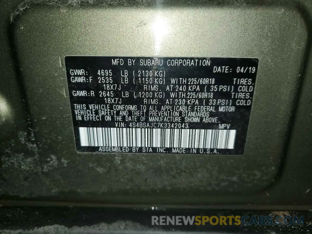 12 fotografías del automóvil dañado 4S4BSAJC7K3342043 SUBARU OUTBACK 2019