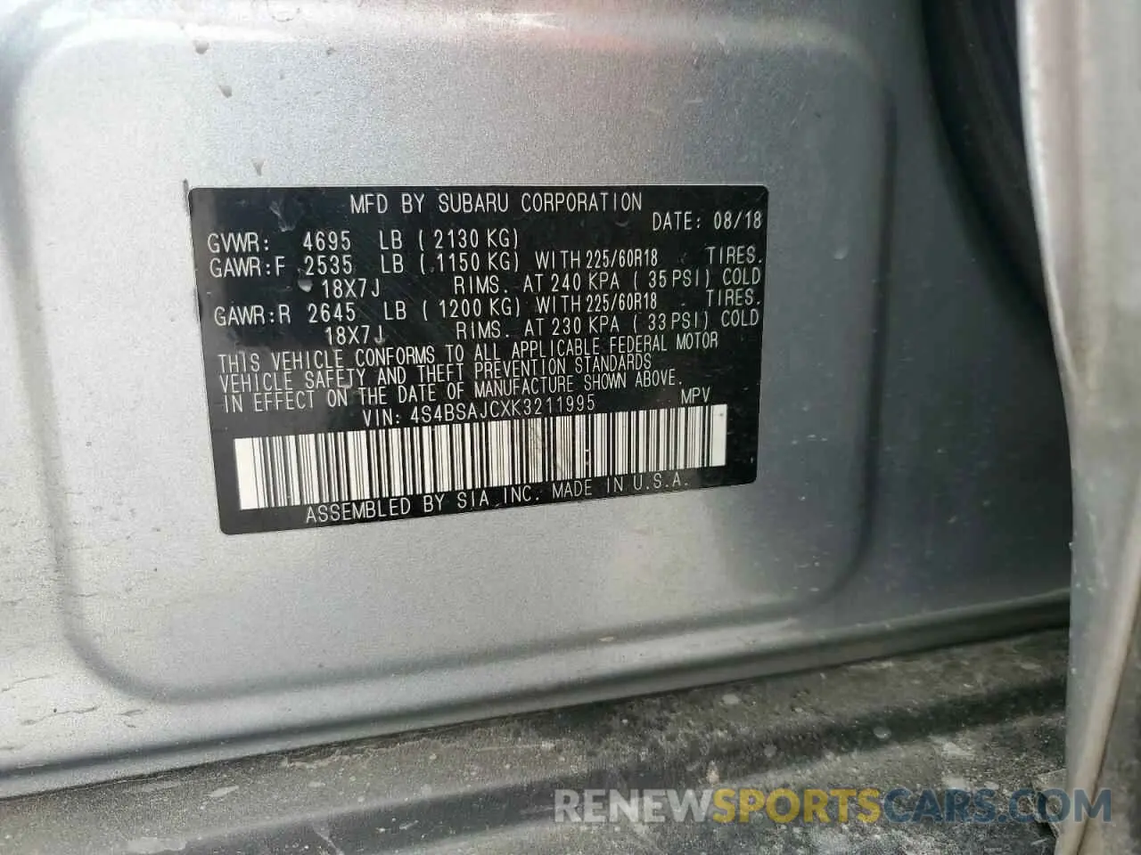 13 fotografías del automóvil dañado 4S4BSAJCXK3211995 SUBARU OUTBACK 2019