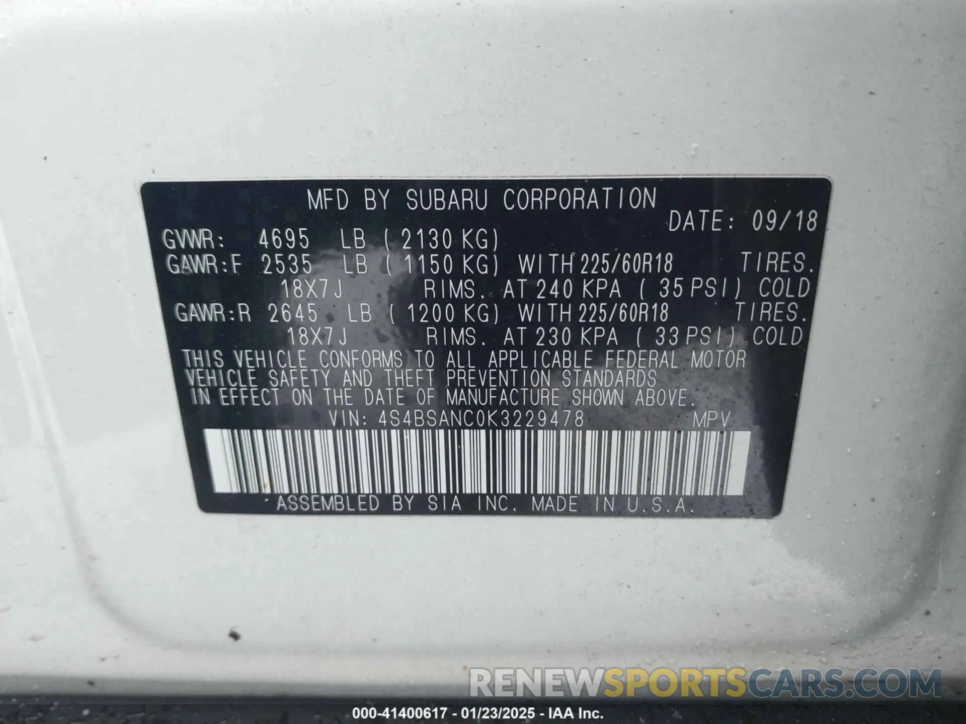 9 fotografías del automóvil dañado 4S4BSANC0K3229478 SUBARU OUTBACK 2019