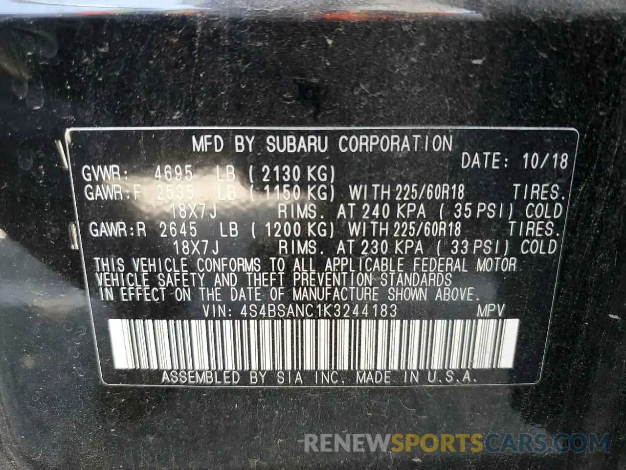13 fotografías del automóvil dañado 4S4BSANC1K3244183 SUBARU OUTBACK 2019
