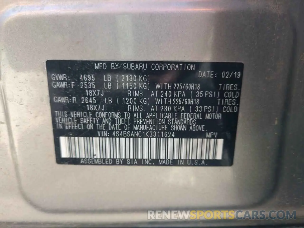 13 fotografías del automóvil dañado 4S4BSANC1K3311624 SUBARU OUTBACK 2019