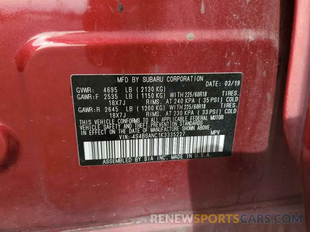 14 fotografías del automóvil dañado 4S4BSANC1K3335227 SUBARU OUTBACK 2019