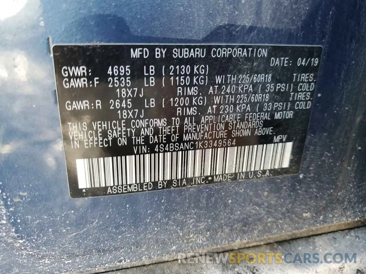 14 fotografías del automóvil dañado 4S4BSANC1K3349564 SUBARU OUTBACK 2019