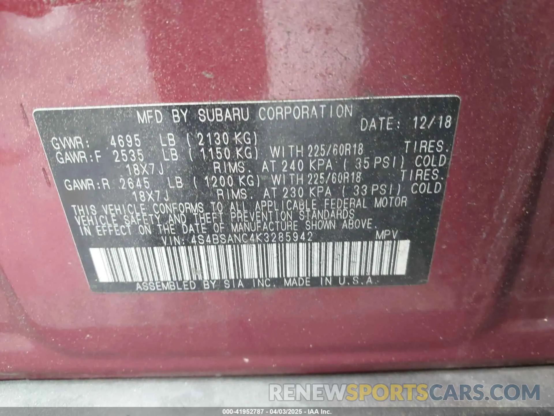 9 fotografías del automóvil dañado 4S4BSANC4K3285942 SUBARU OUTBACK 2019