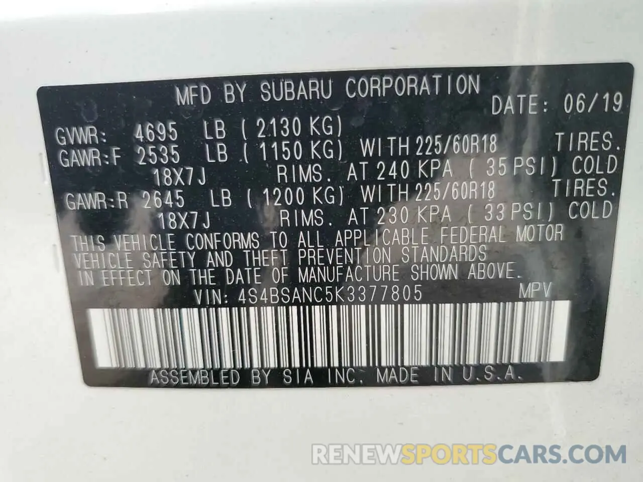 12 fotografías del automóvil dañado 4S4BSANC5K3377805 SUBARU OUTBACK 2019