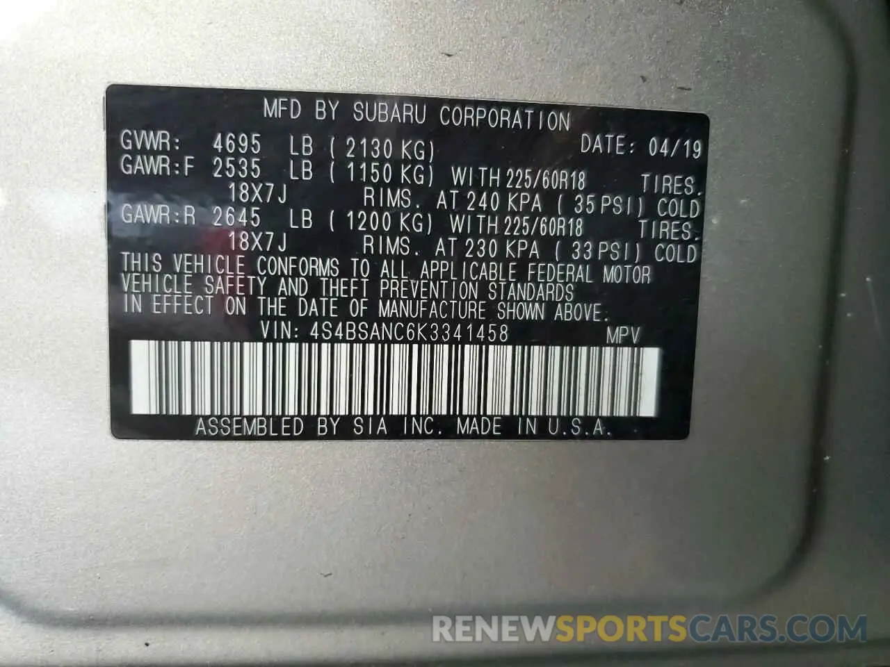 13 fotografías del automóvil dañado 4S4BSANC6K3341458 SUBARU OUTBACK 2019