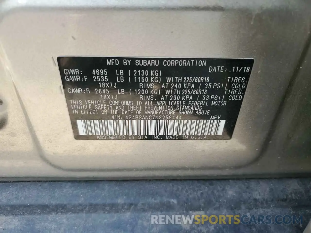 13 fotografías del automóvil dañado 4S4BSANC7K3258444 SUBARU OUTBACK 2019