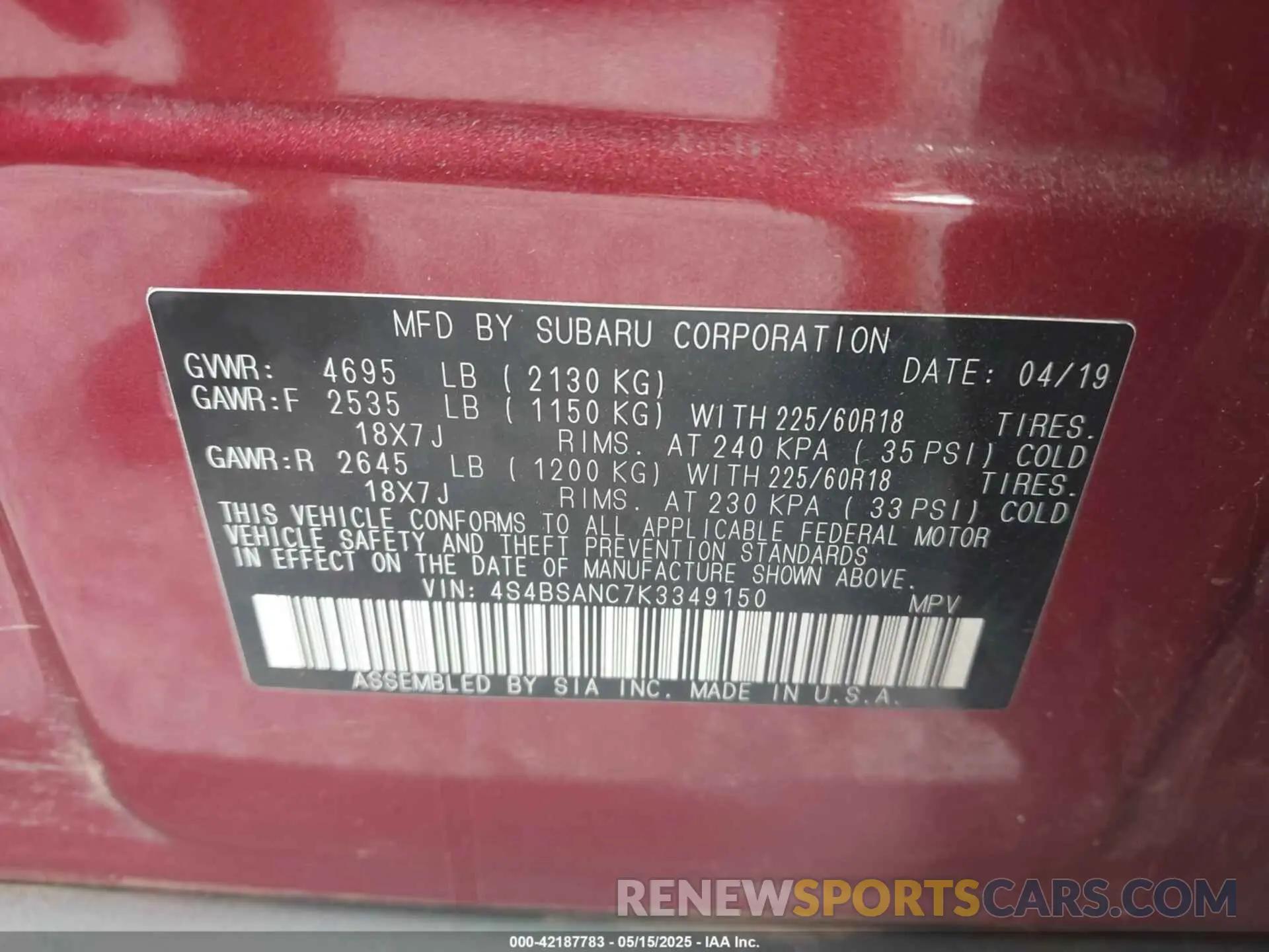 9 fotografías del automóvil dañado 4S4BSANC7K3349150 SUBARU OUTBACK 2019