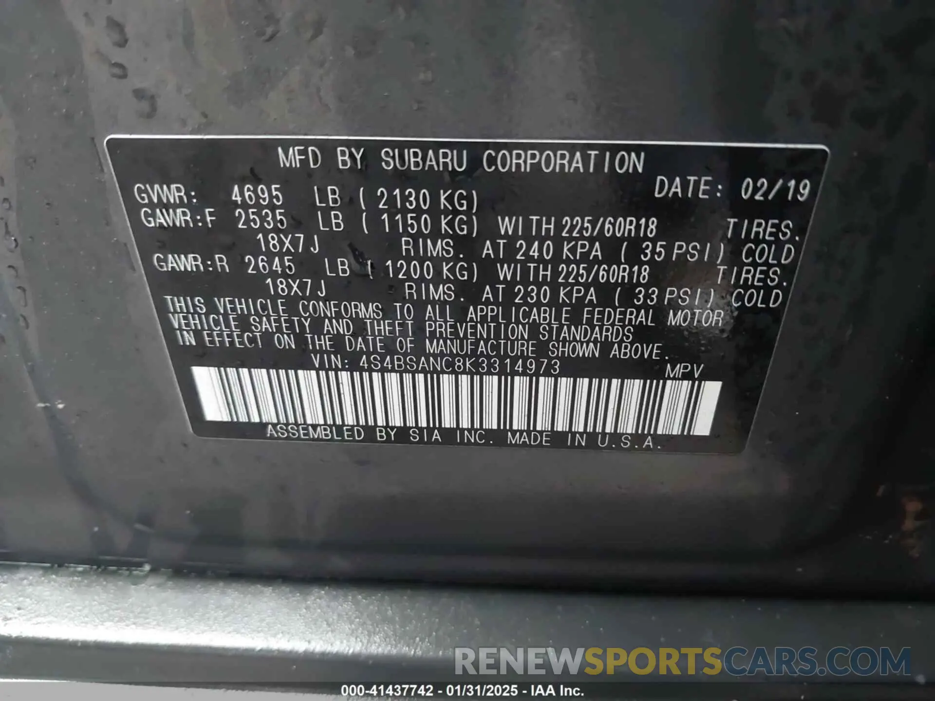 9 fotografías del automóvil dañado 4S4BSANC8K3314973 SUBARU OUTBACK 2019
