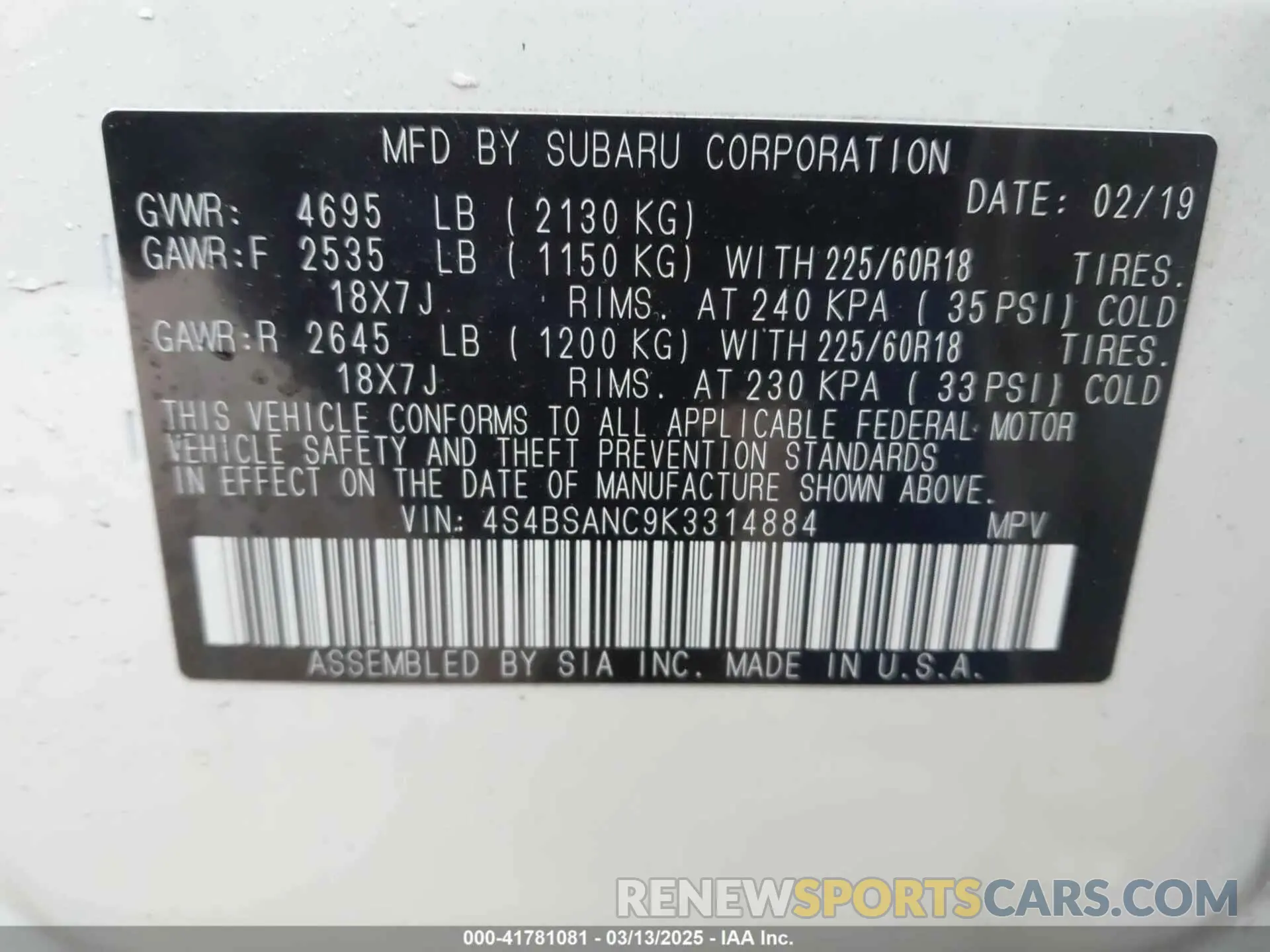 9 fotografías del automóvil dañado 4S4BSANC9K3314884 SUBARU OUTBACK 2019