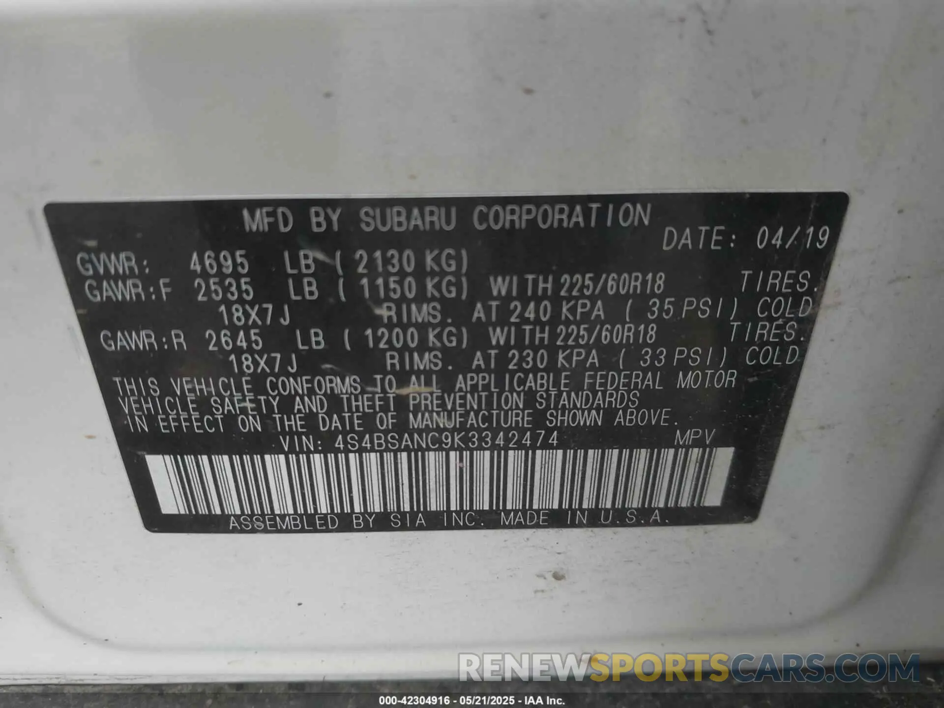 9 fotografías del automóvil dañado 4S4BSANC9K3342474 SUBARU OUTBACK 2019