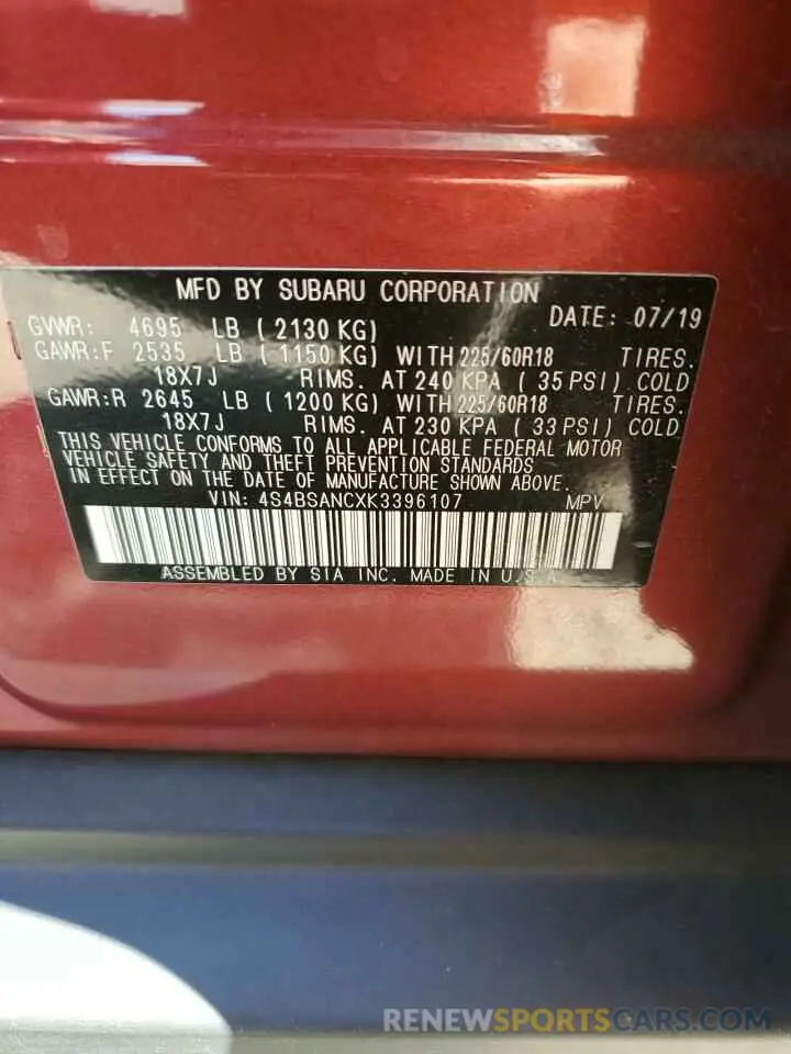 13 fotografías del automóvil dañado 4S4BSANCXK3396107 SUBARU OUTBACK 2019