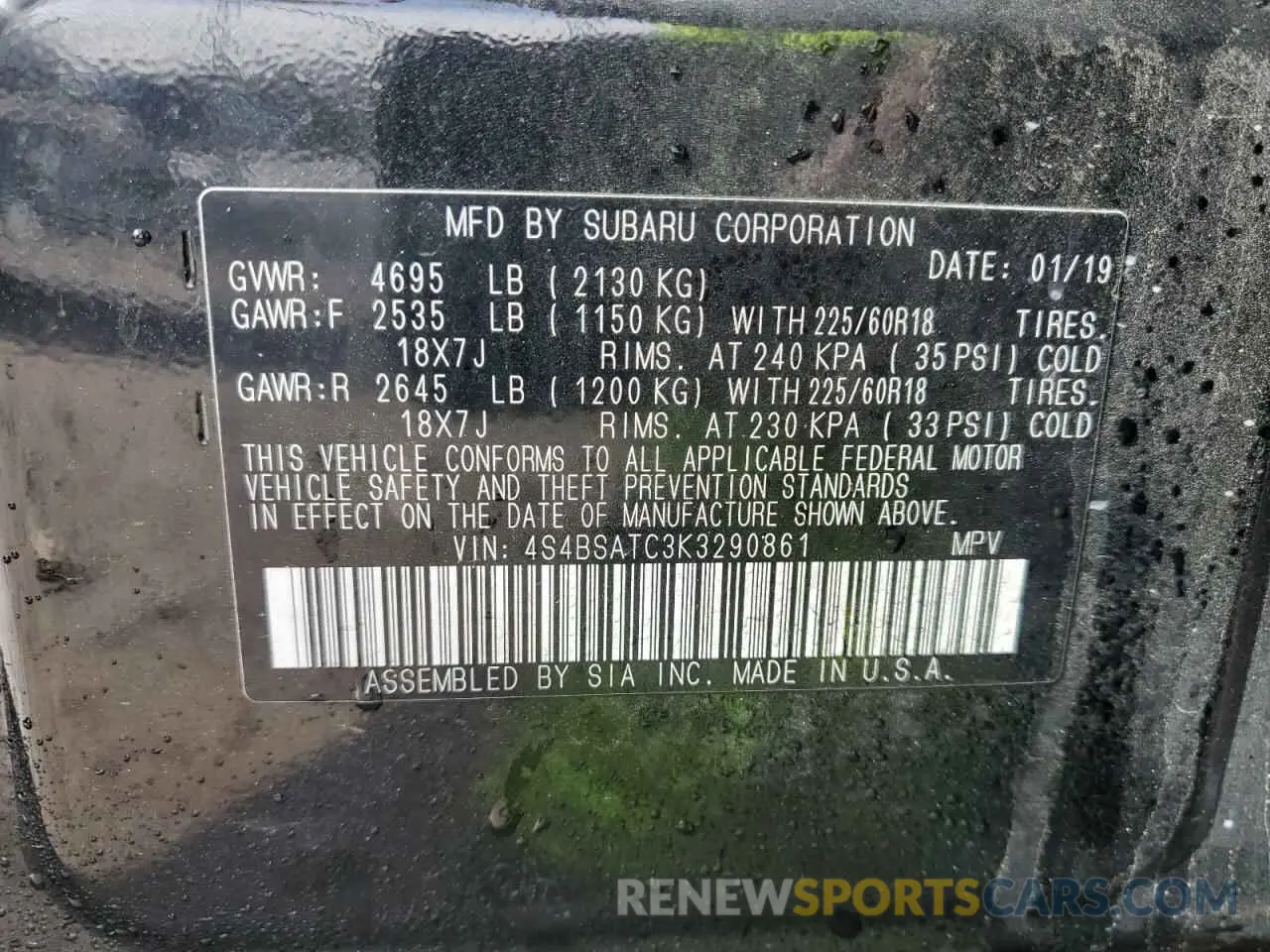 13 fotografías del automóvil dañado 4S4BSATC3K3290861 SUBARU OUTBACK 2019