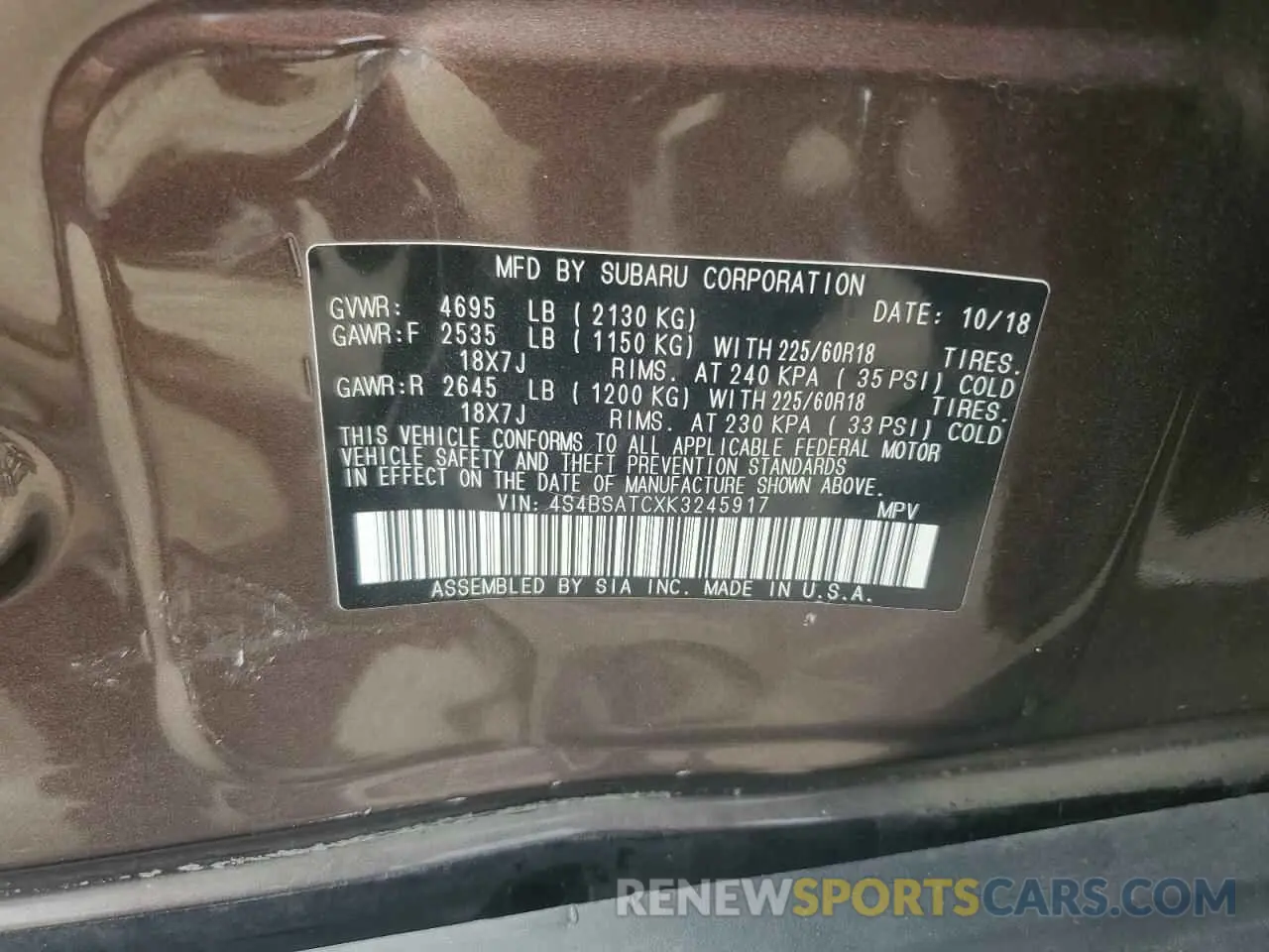 13 fotografías del automóvil dañado 4S4BSATCXK3245917 SUBARU OUTBACK 2019