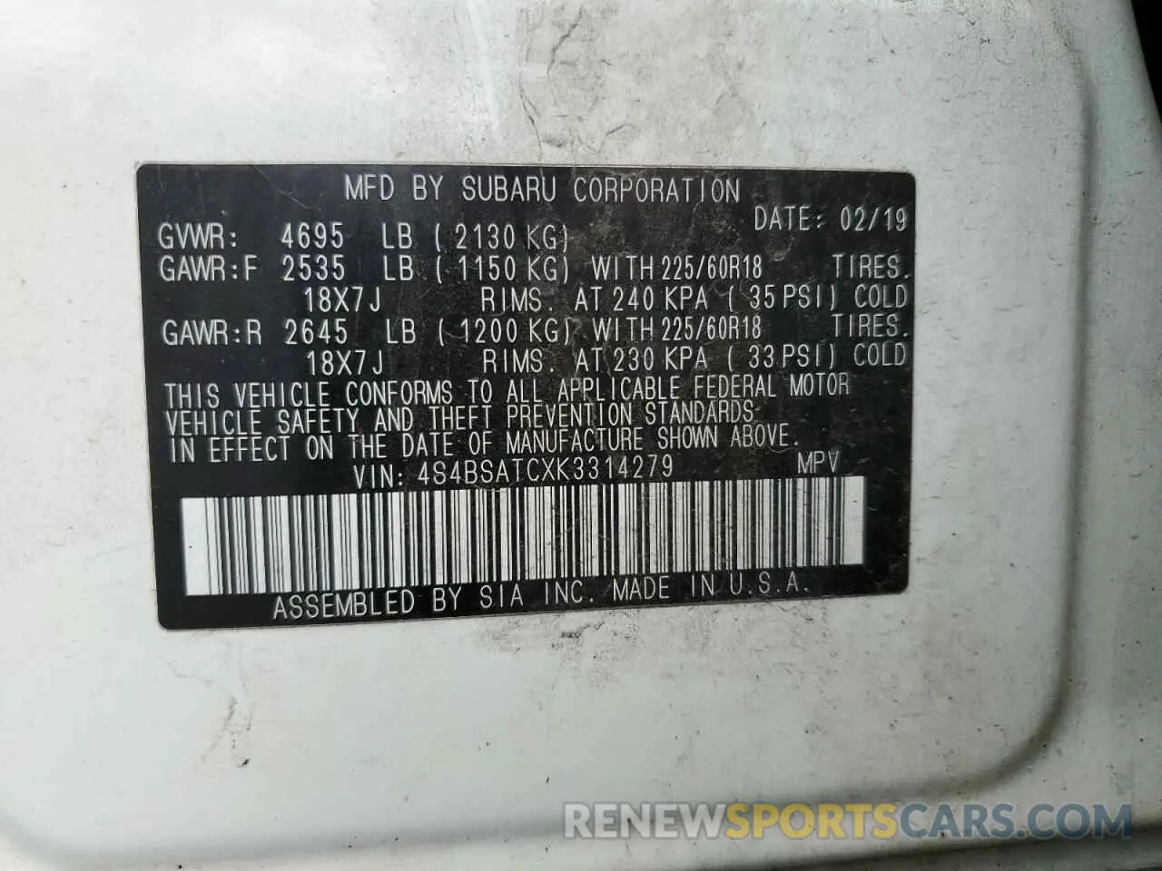 13 fotografías del automóvil dañado 4S4BSATCXK3314279 SUBARU OUTBACK 2019