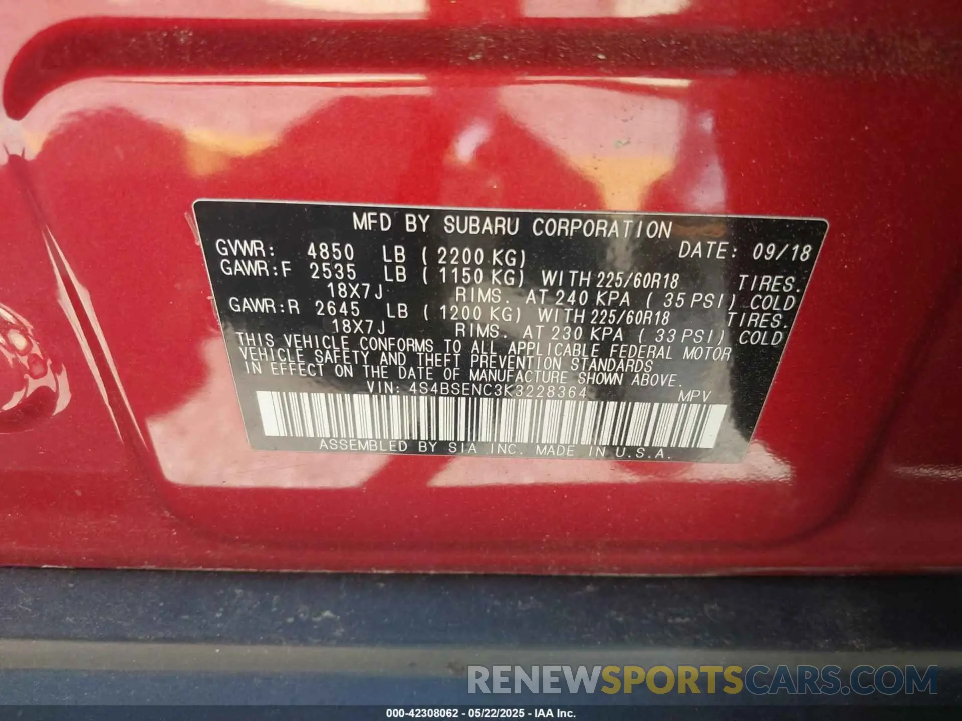 9 fotografías del automóvil dañado 4S4BSENC3K3228364 SUBARU OUTBACK 2019