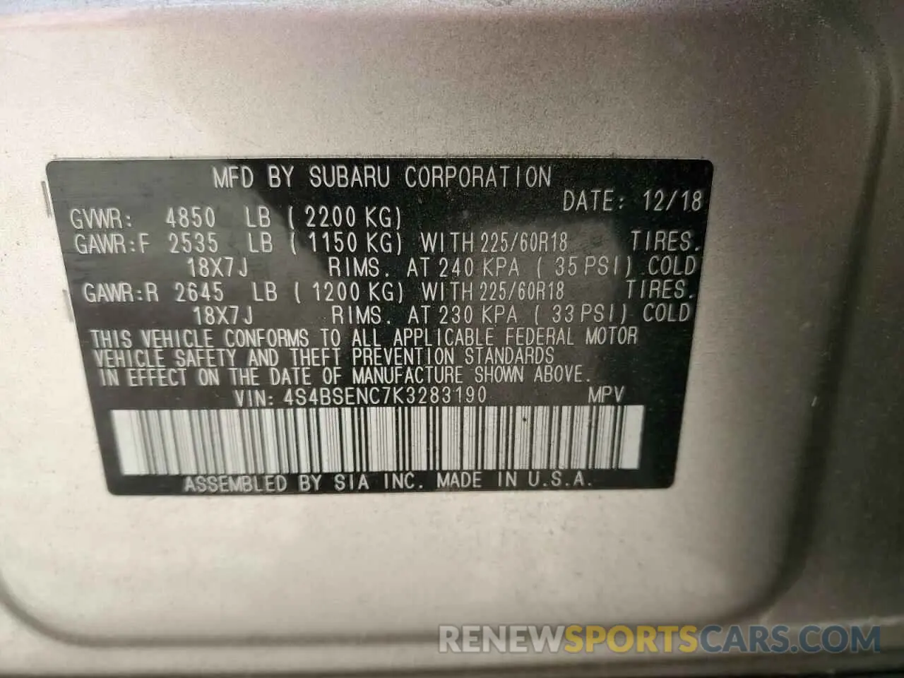 13 fotografías del automóvil dañado 4S4BSENC7K3283190 SUBARU OUTBACK 2019