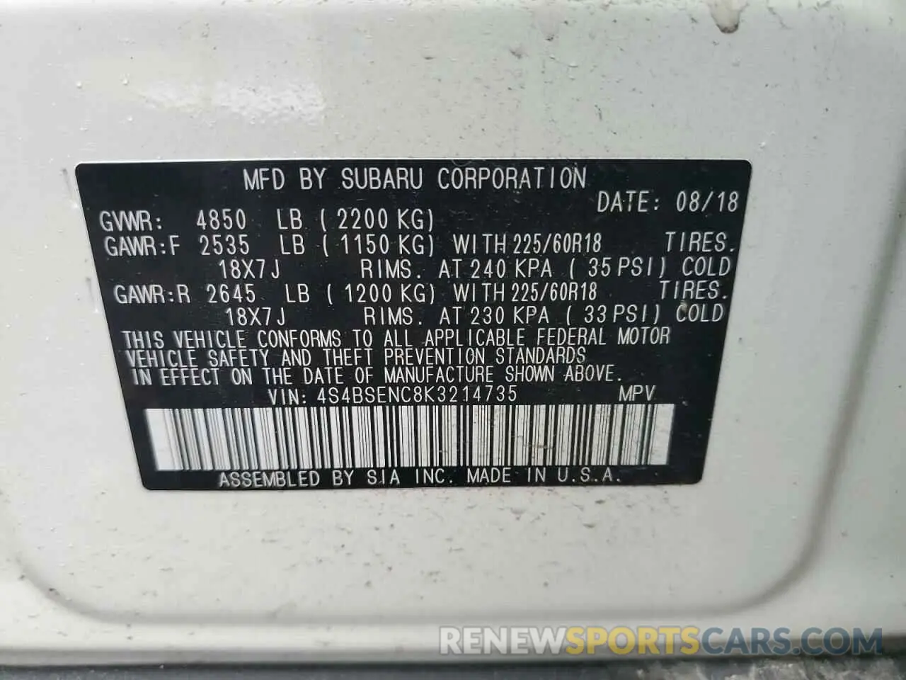 15 fotografías del automóvil dañado 4S4BSENC8K3214735 SUBARU OUTBACK 2019