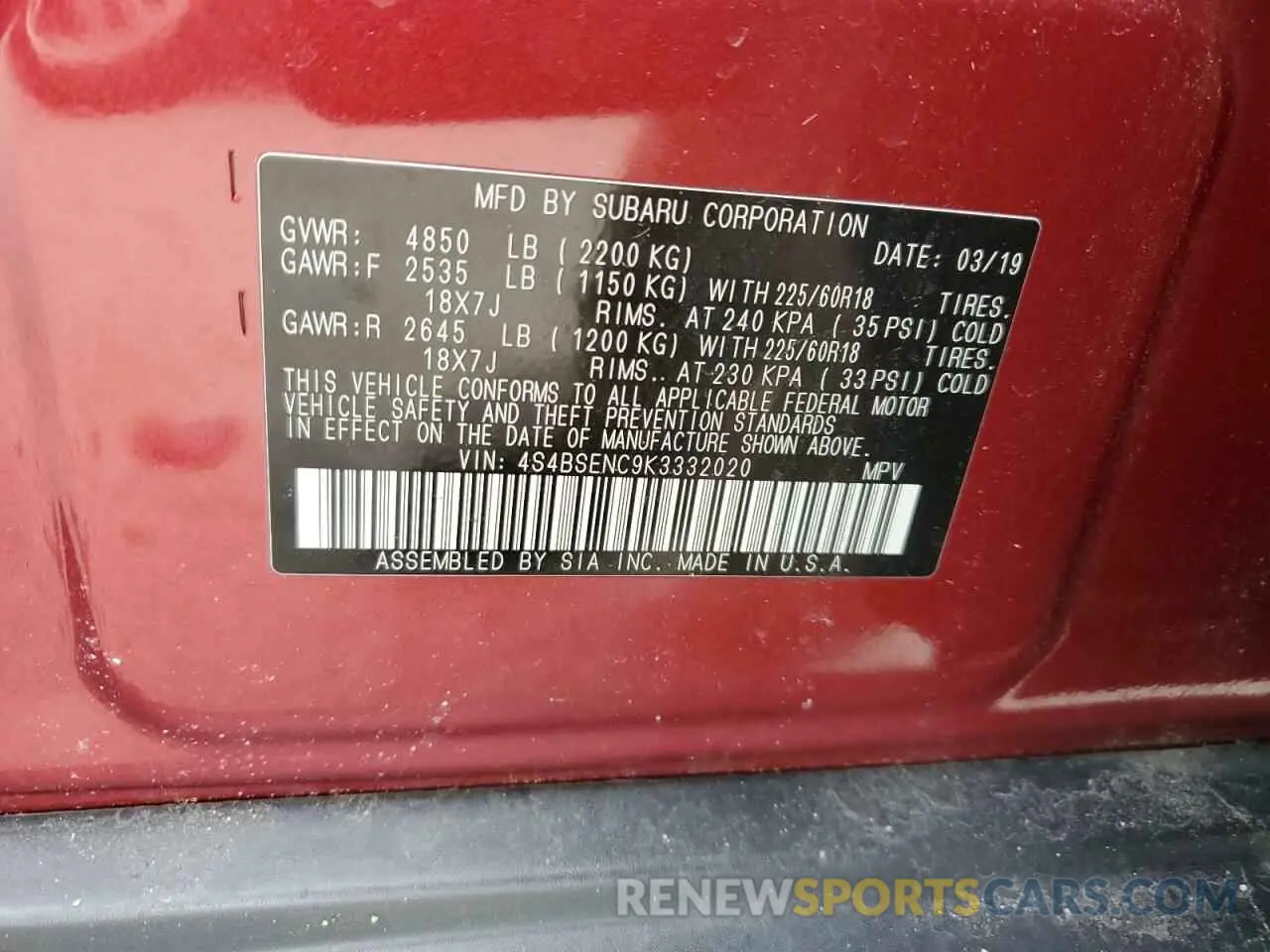12 fotografías del automóvil dañado 4S4BSENC9K3332020 SUBARU OUTBACK 2019