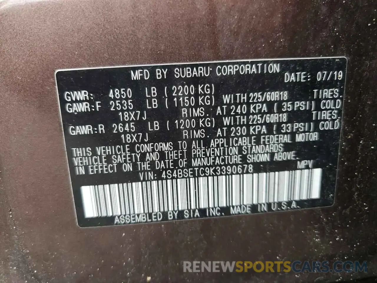 15 fotografías del automóvil dañado 4S4BSETC9K3390678 SUBARU OUTBACK 2019