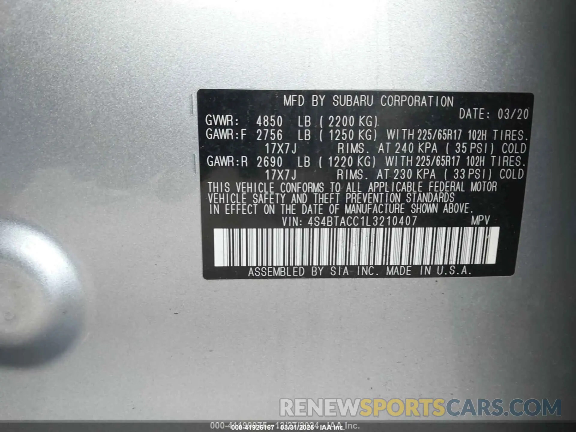 9 fotografías del automóvil dañado 4S4BTACC1L3210407 SUBARU OUTBACK 2020