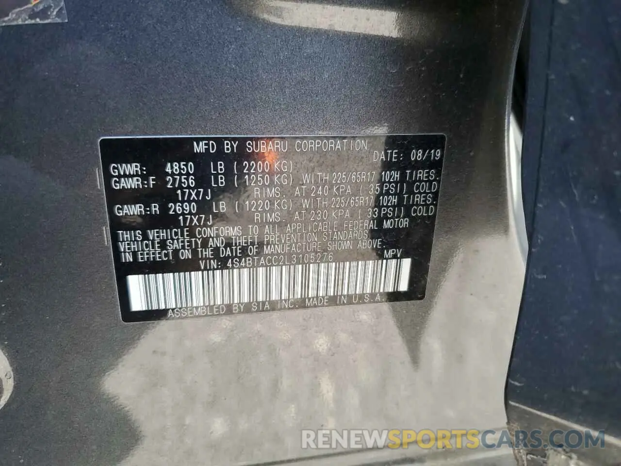 12 fotografías del automóvil dañado 4S4BTACC2L3105276 SUBARU OUTBACK 2020