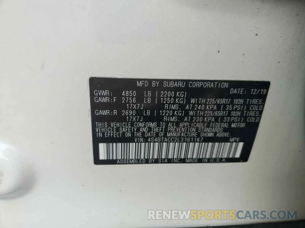 15 fotografías del automóvil dañado 4S4BTACC2L3161167 SUBARU OUTBACK 2020