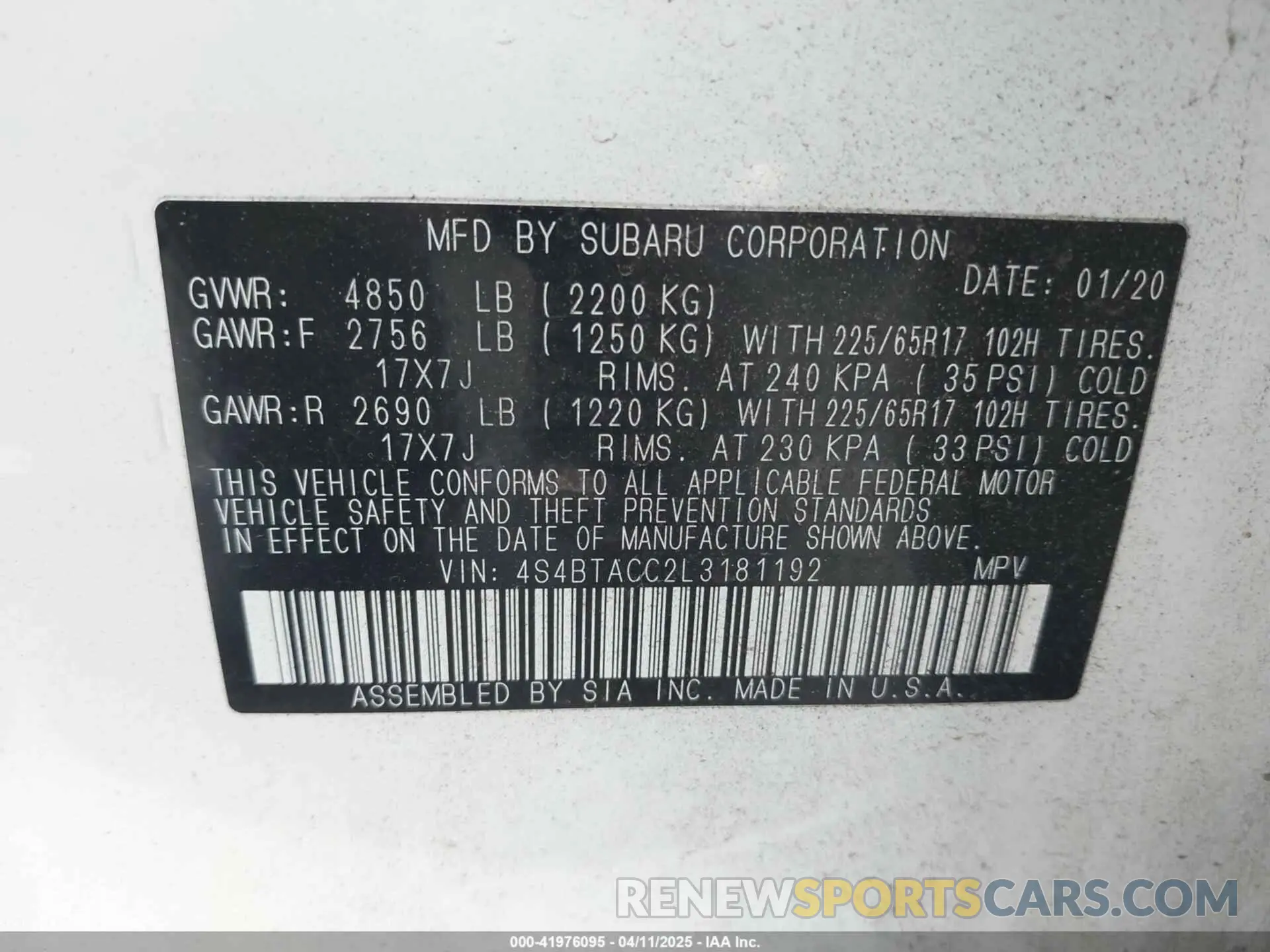 9 fotografías del automóvil dañado 4S4BTACC2L3181192 SUBARU OUTBACK 2020