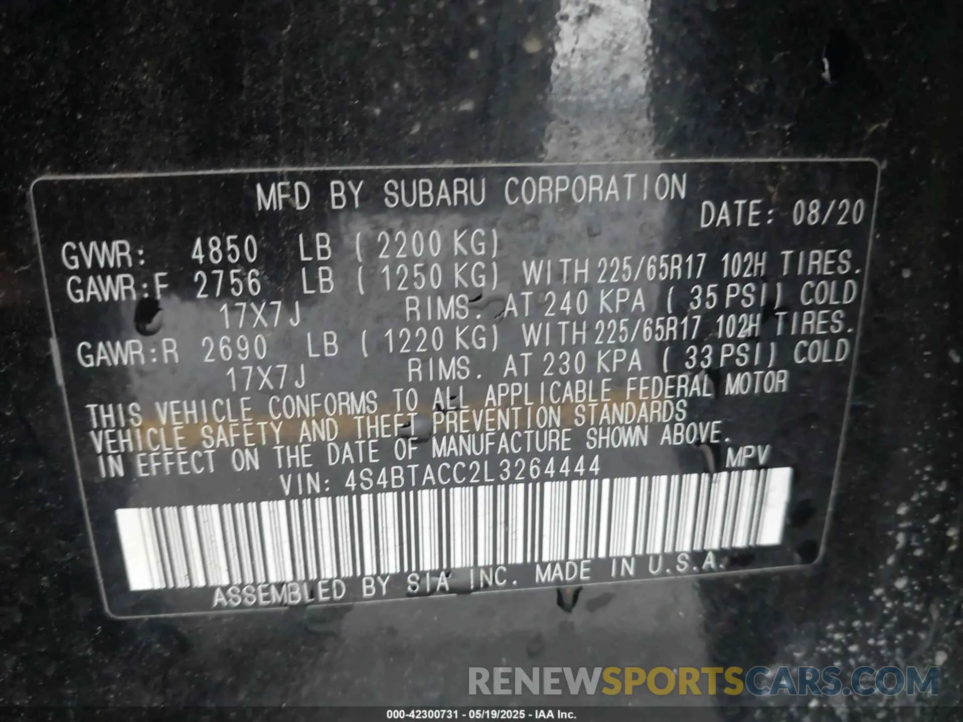 9 fotografías del automóvil dañado 4S4BTACC2L3264444 SUBARU OUTBACK 2020