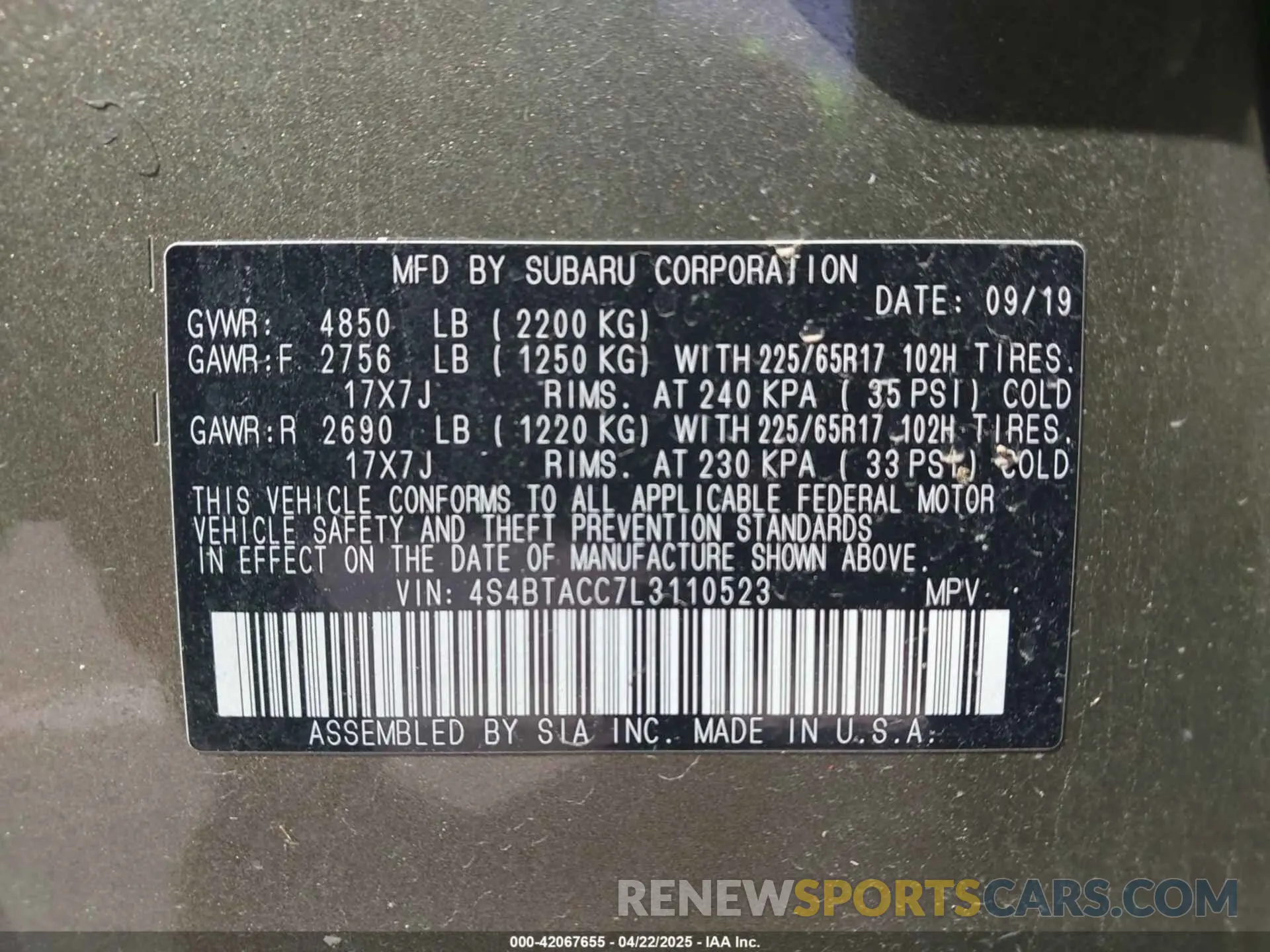 9 fotografías del automóvil dañado 4S4BTACC7L3110523 SUBARU OUTBACK 2020