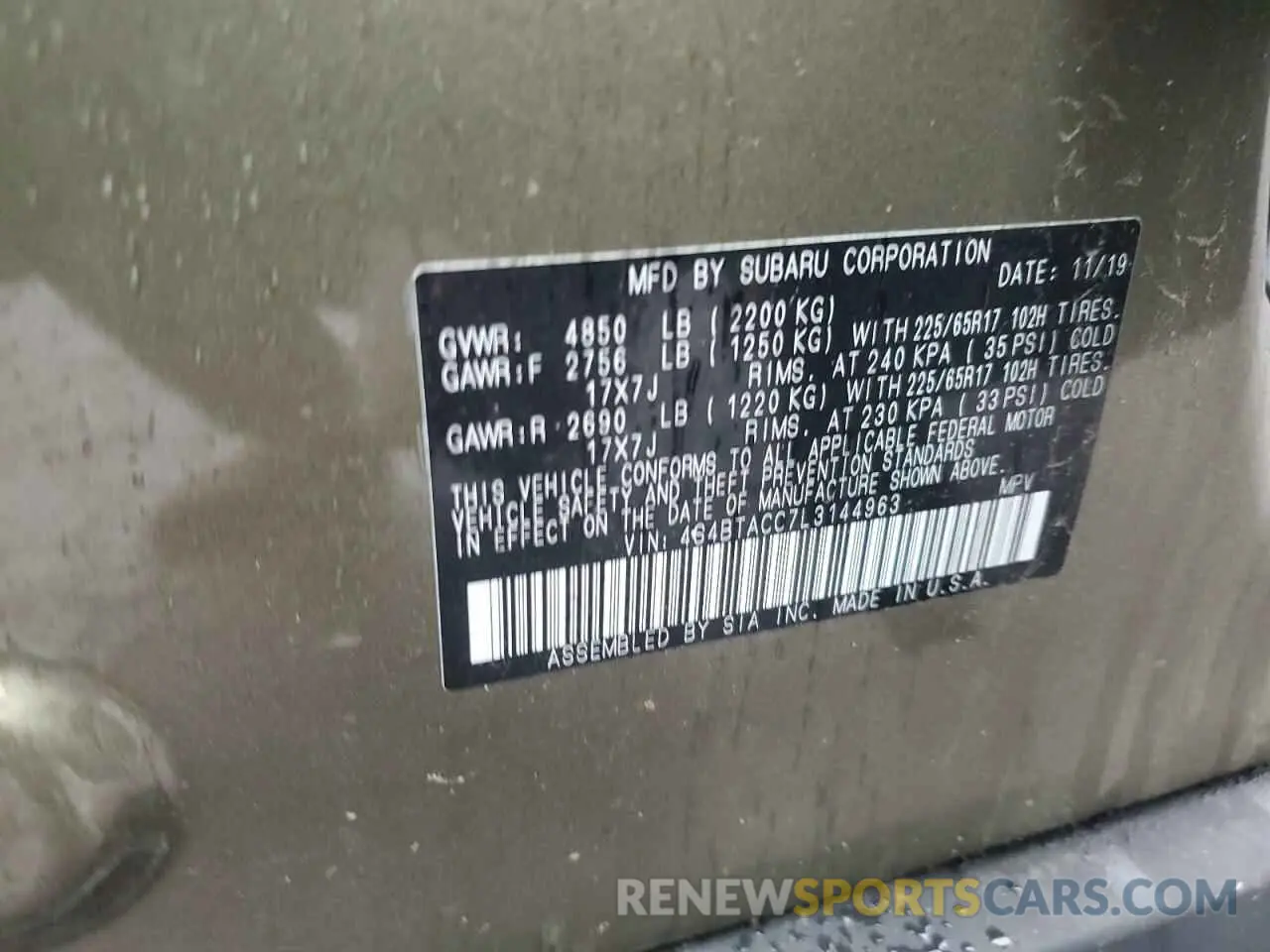 12 fotografías del automóvil dañado 4S4BTACC7L3144963 SUBARU OUTBACK 2020