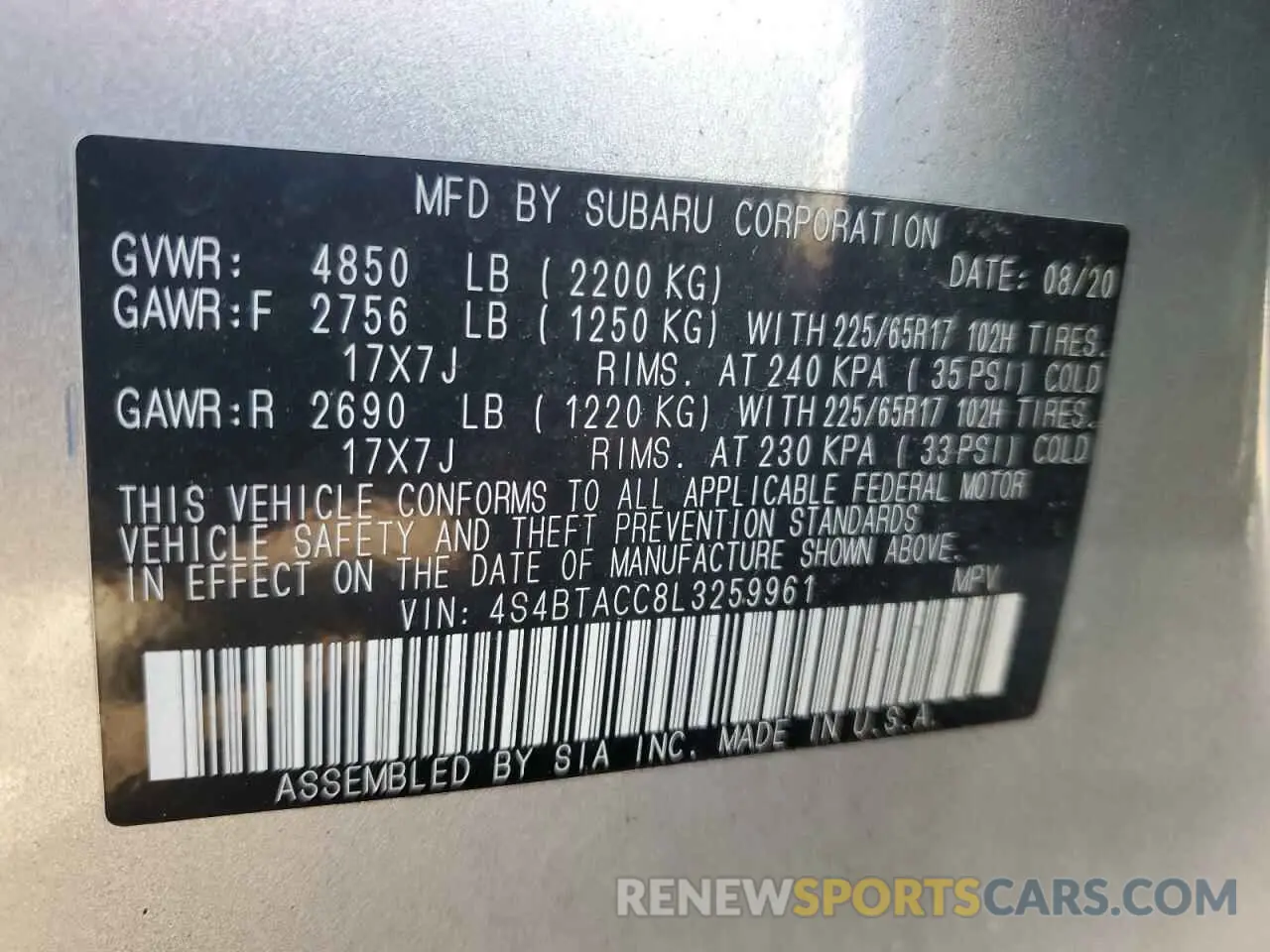 13 fotografías del automóvil dañado 4S4BTACC8L3259961 SUBARU OUTBACK 2020