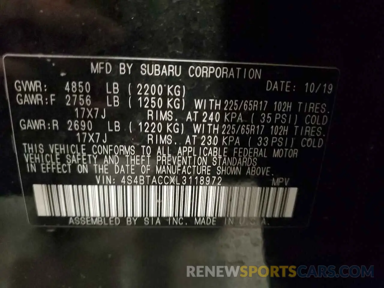 13 fotografías del automóvil dañado 4S4BTACCXL3118972 SUBARU OUTBACK 2020