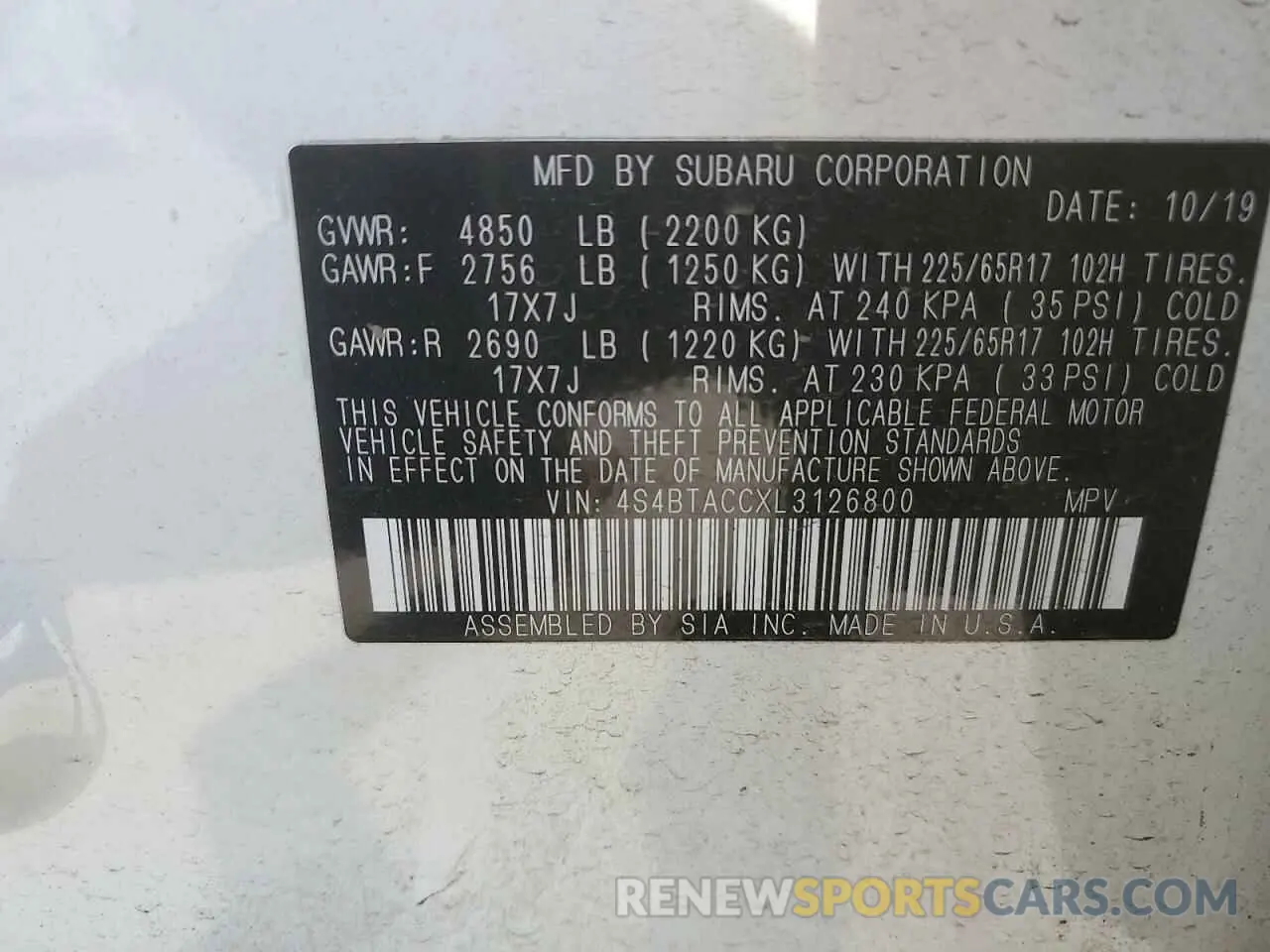 12 fotografías del automóvil dañado 4S4BTACCXL3126800 SUBARU OUTBACK 2020