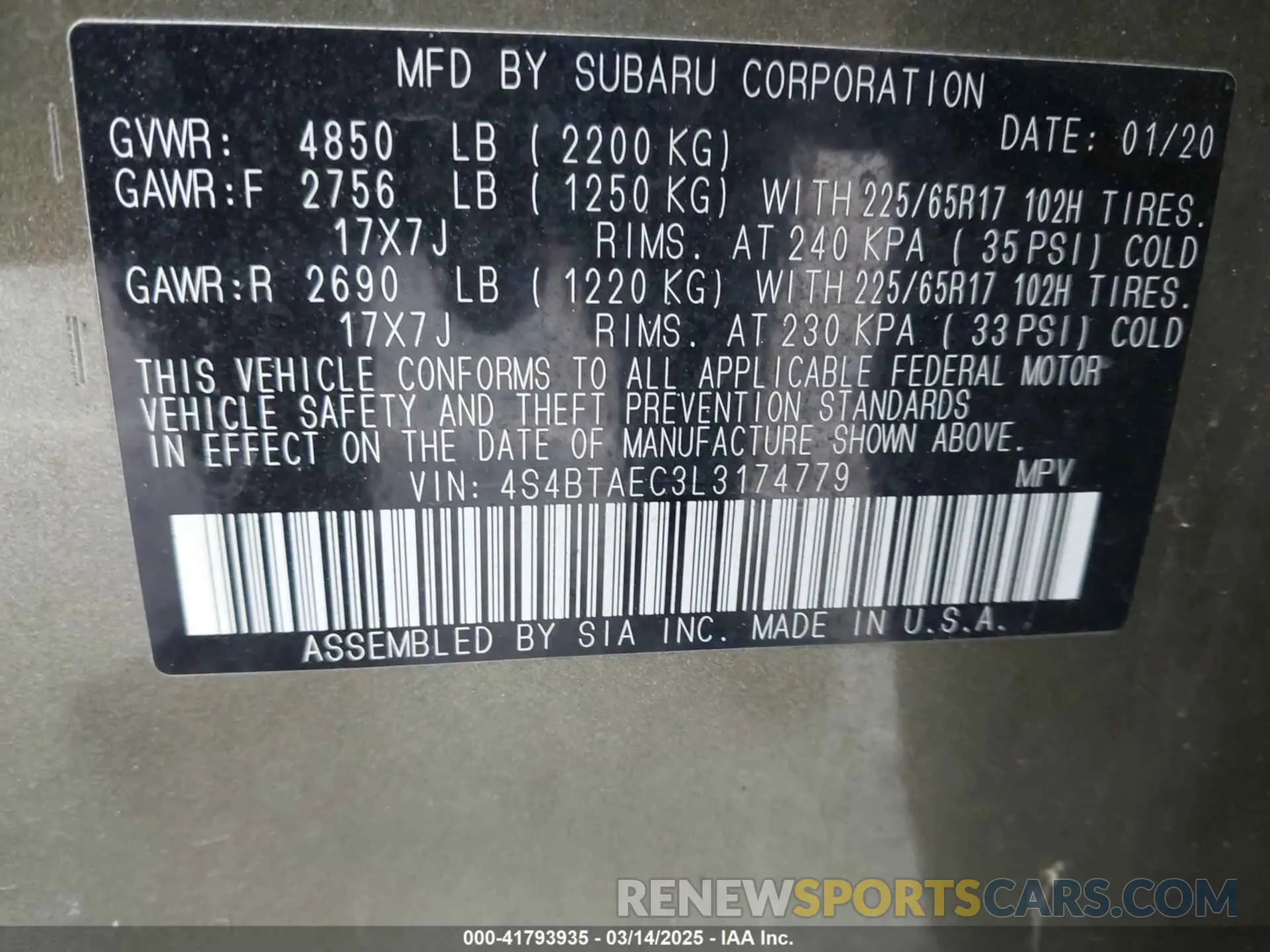 9 fotografías del automóvil dañado 4S4BTAEC3L3174779 SUBARU OUTBACK 2020