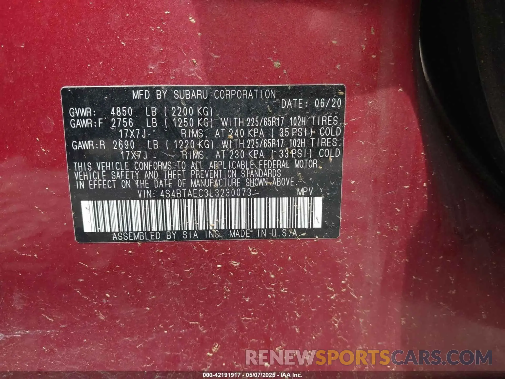 9 fotografías del automóvil dañado 4S4BTAEC3L3230073 SUBARU OUTBACK 2020