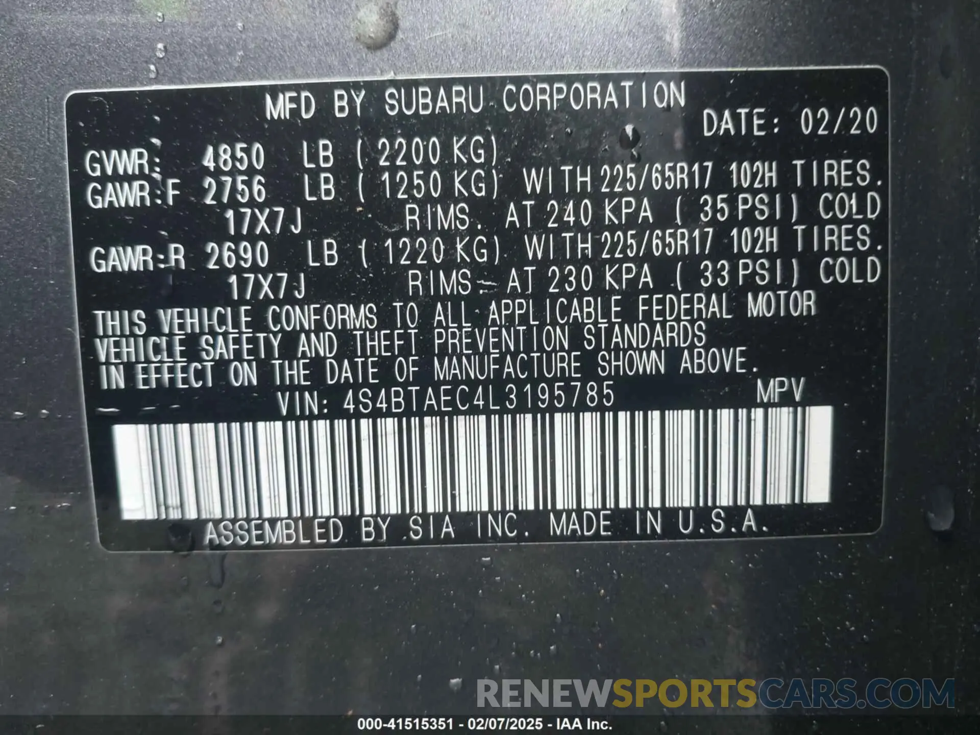 9 fotografías del automóvil dañado 4S4BTAEC4L3195785 SUBARU OUTBACK 2020
