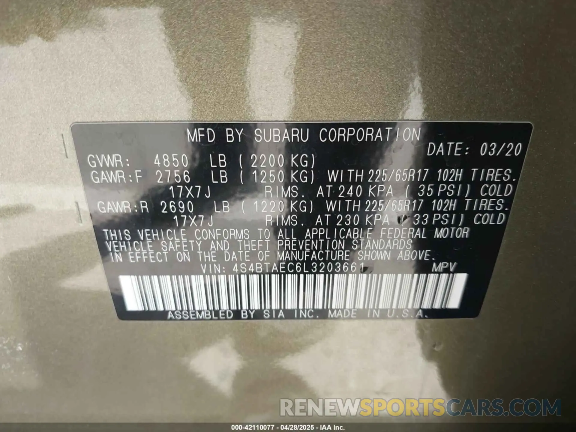 9 fotografías del automóvil dañado 4S4BTAEC6L3203661 SUBARU OUTBACK 2020