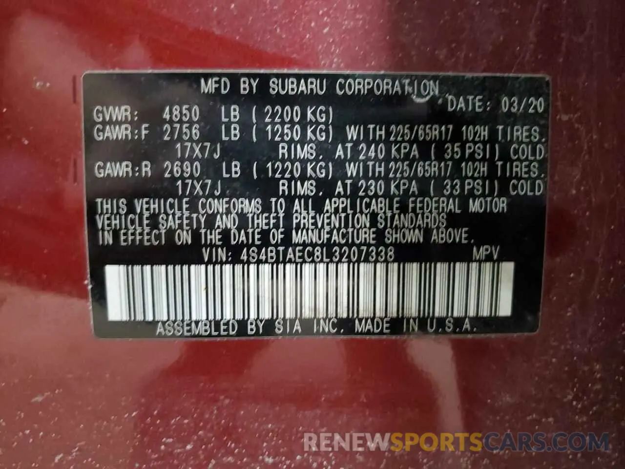 14 fotografías del automóvil dañado 4S4BTAEC8L3207338 SUBARU OUTBACK 2020