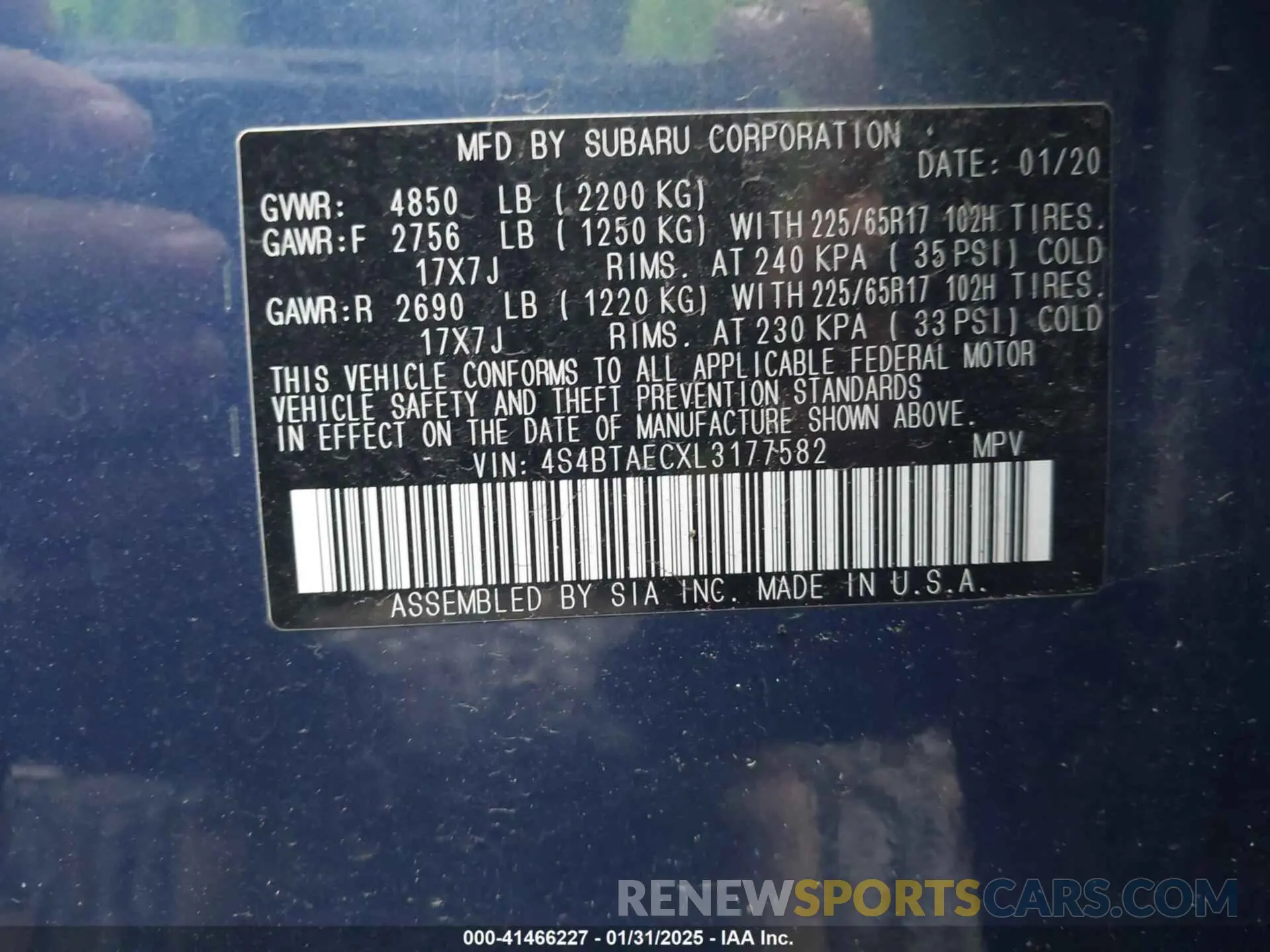 9 fotografías del automóvil dañado 4S4BTAECXL3177582 SUBARU OUTBACK 2020