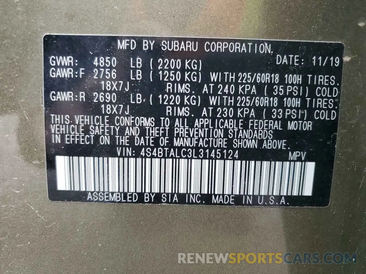 13 fotografías del automóvil dañado 4S4BTALC3L3145124 SUBARU OUTBACK 2020