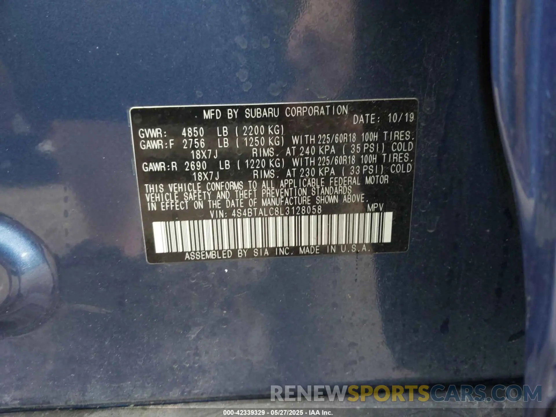 9 fotografías del automóvil dañado 4S4BTALC8L3128058 SUBARU OUTBACK 2020