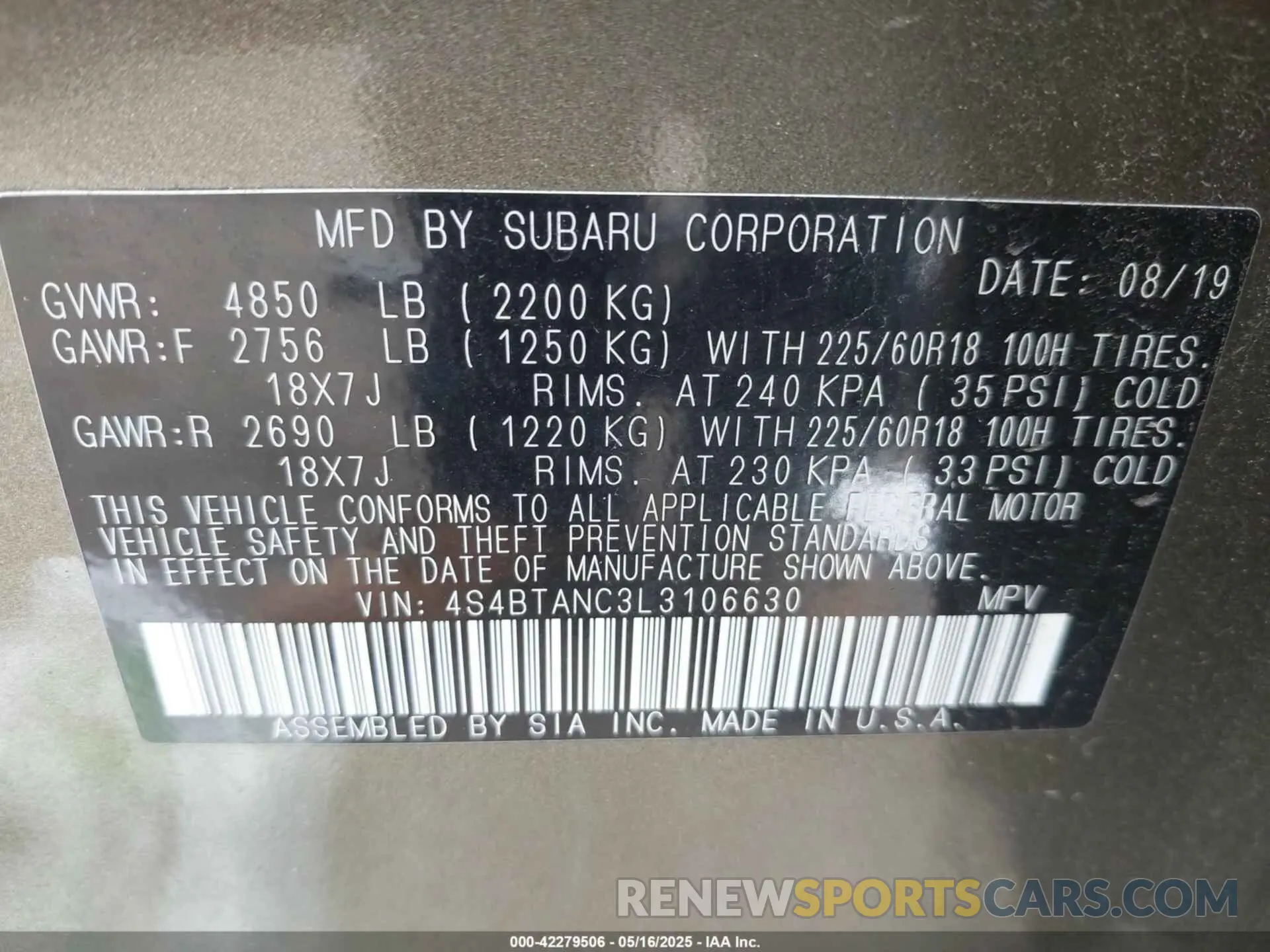 9 fotografías del automóvil dañado 4S4BTANC3L3106630 SUBARU OUTBACK 2020