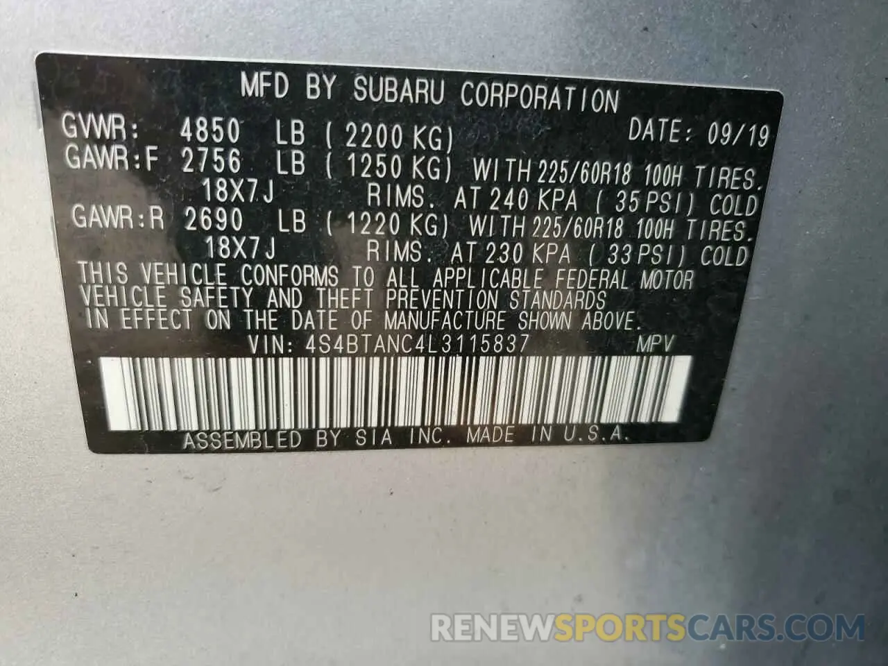 13 fotografías del automóvil dañado 4S4BTANC4L3115837 SUBARU OUTBACK 2020