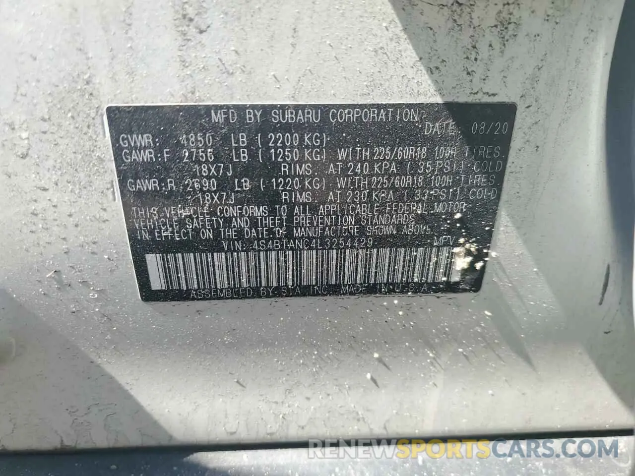 12 fotografías del automóvil dañado 4S4BTANC4L3254429 SUBARU OUTBACK 2020