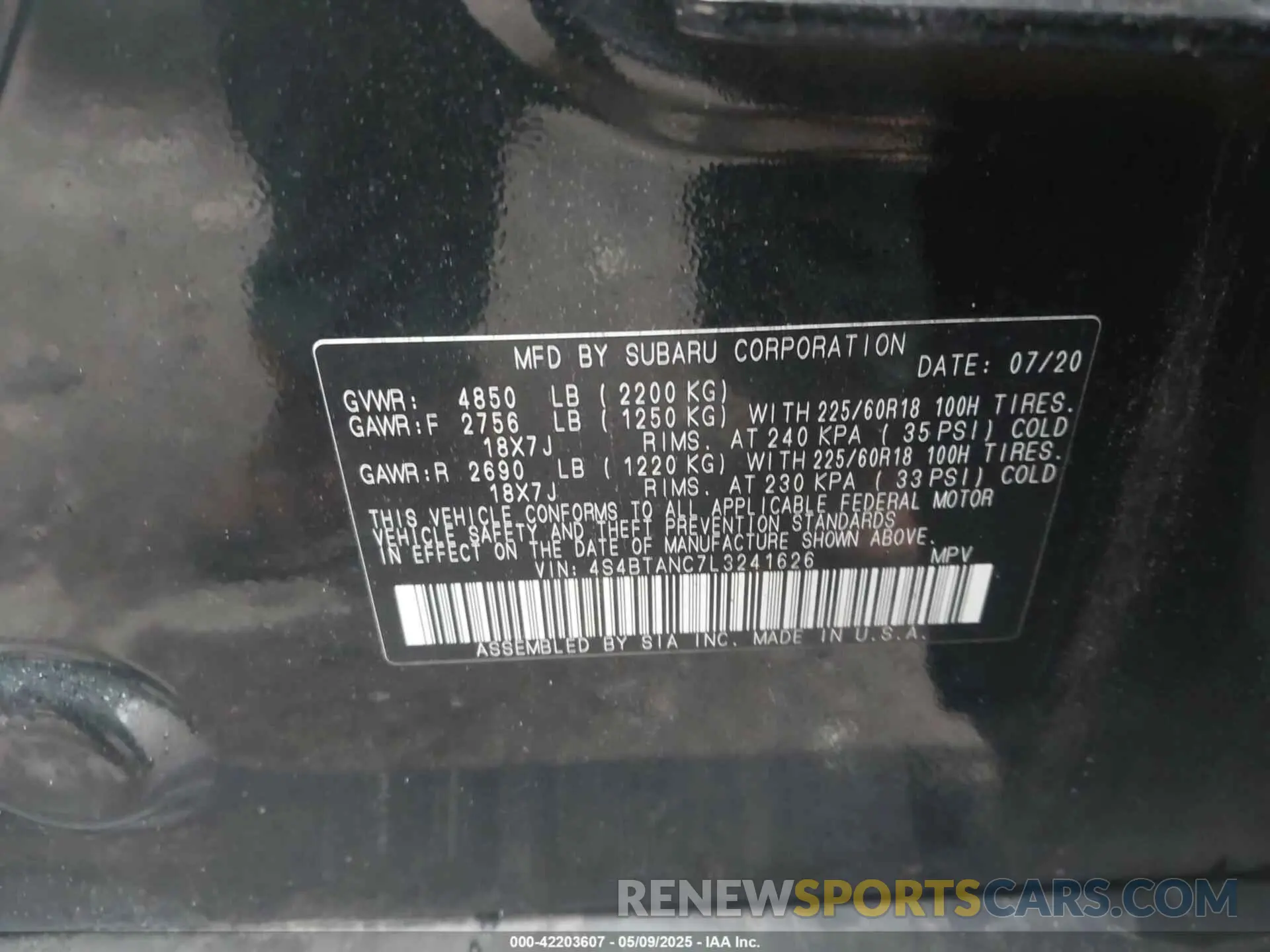 9 fotografías del automóvil dañado 4S4BTANC7L3241626 SUBARU OUTBACK 2020