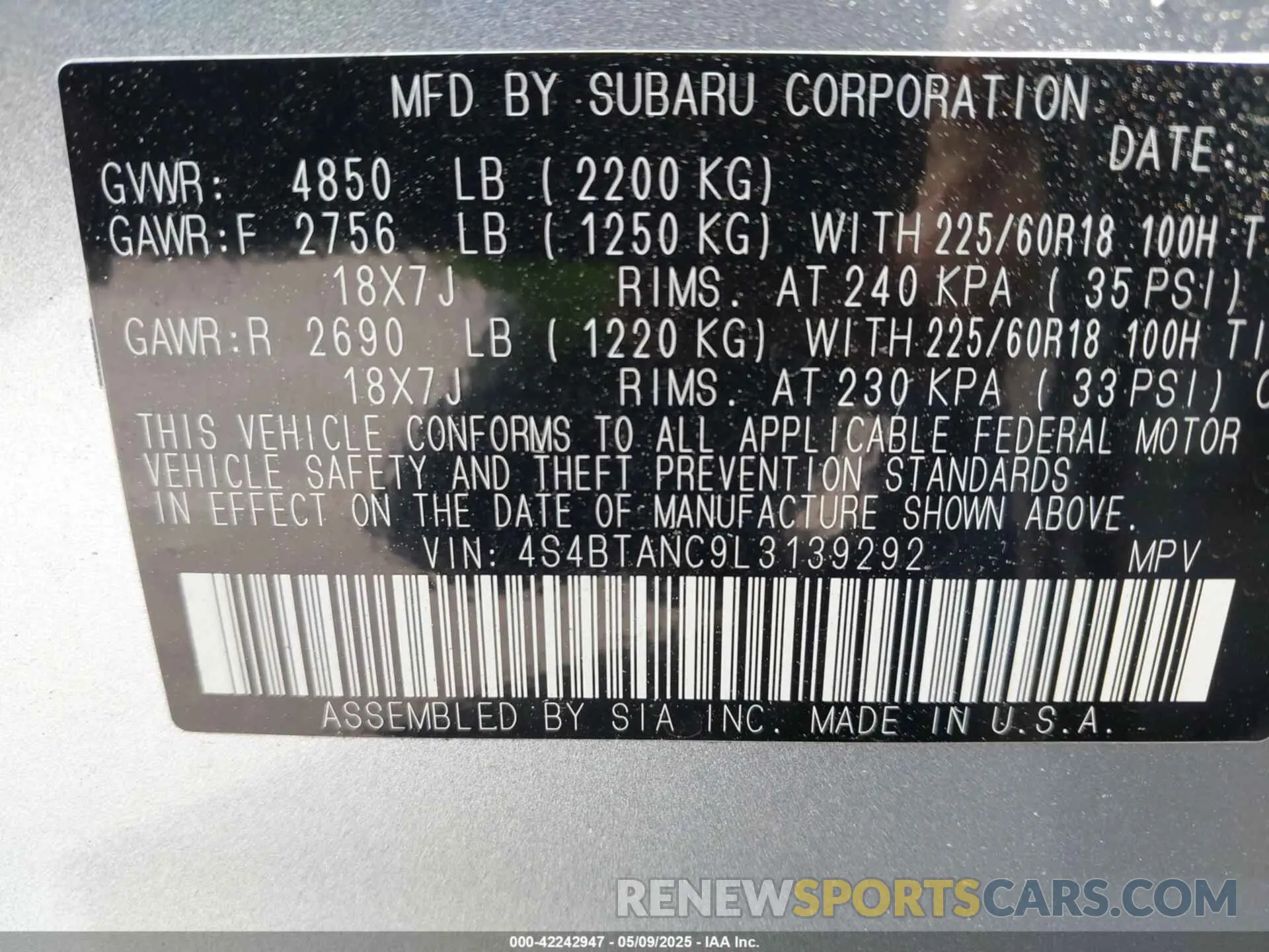 9 fotografías del automóvil dañado 4S4BTANC9L3139292 SUBARU OUTBACK 2020