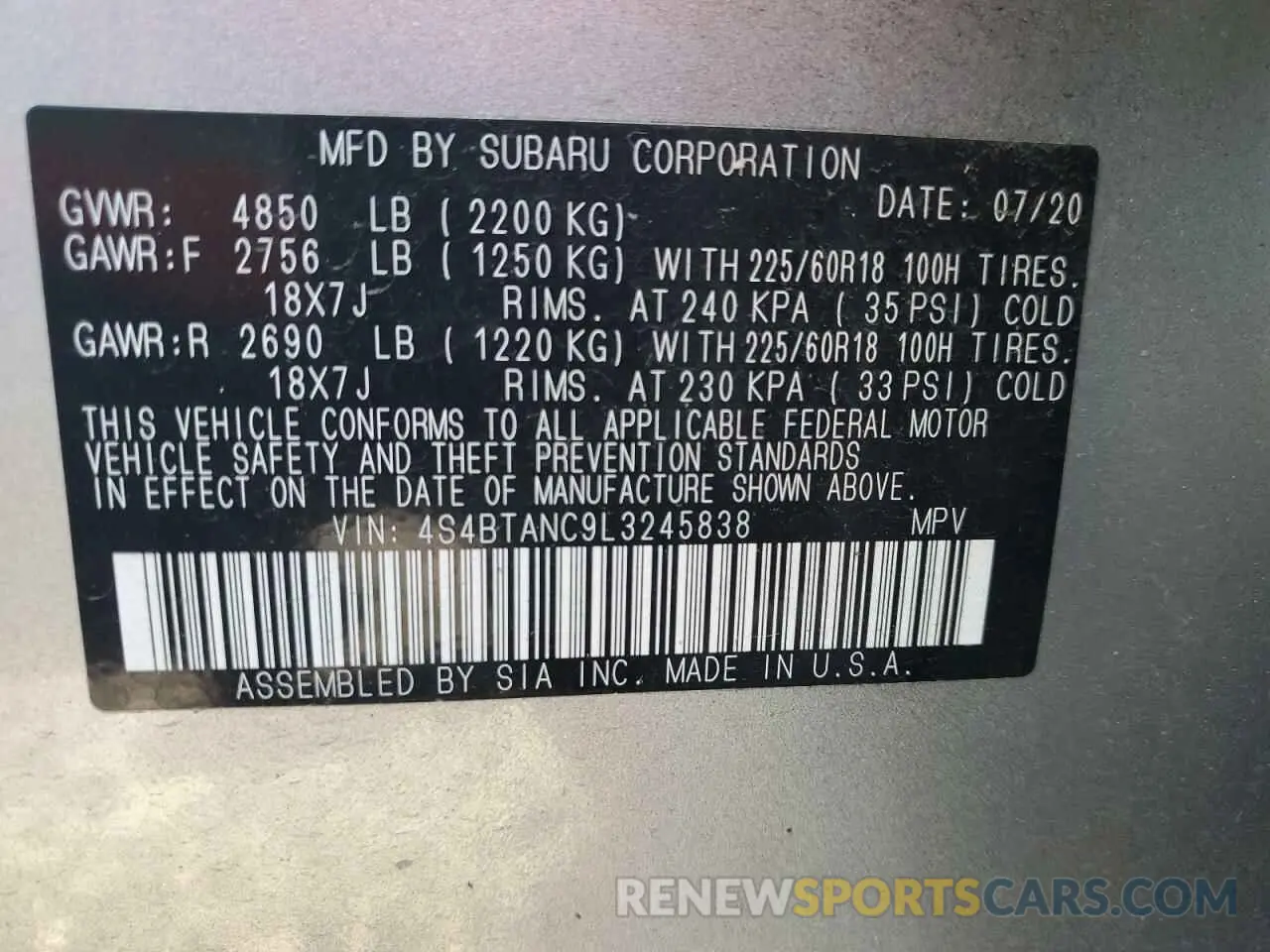 14 fotografías del automóvil dañado 4S4BTANC9L3245838 SUBARU OUTBACK 2020