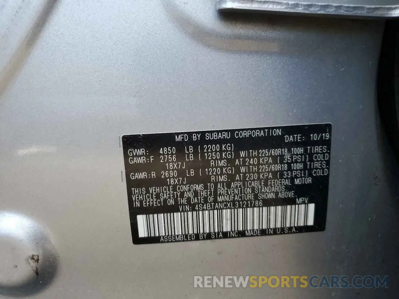 14 fotografías del automóvil dañado 4S4BTANCXL3121786 SUBARU OUTBACK 2020